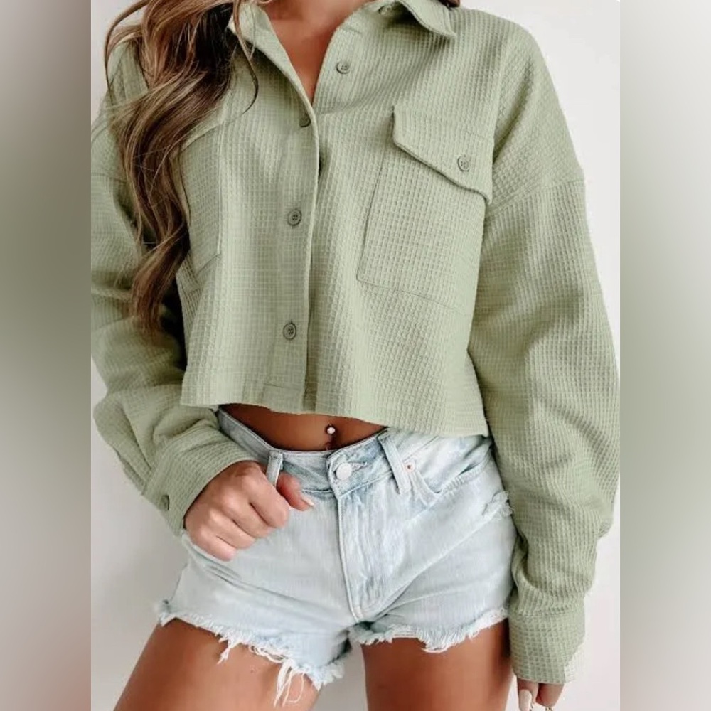 Ces Femme olive color waffle knit cropped Shacket